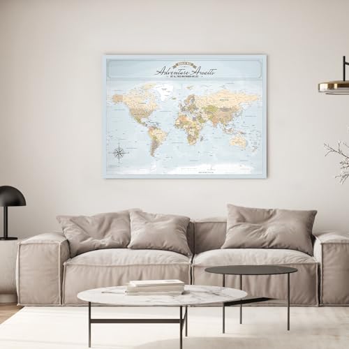 Image of IPIC - Blue Ocean World Map Pin Board Canvas Wall Art, Travel Map with Pins Included, Ready to Hang for Home or Office 40x30 Inch
