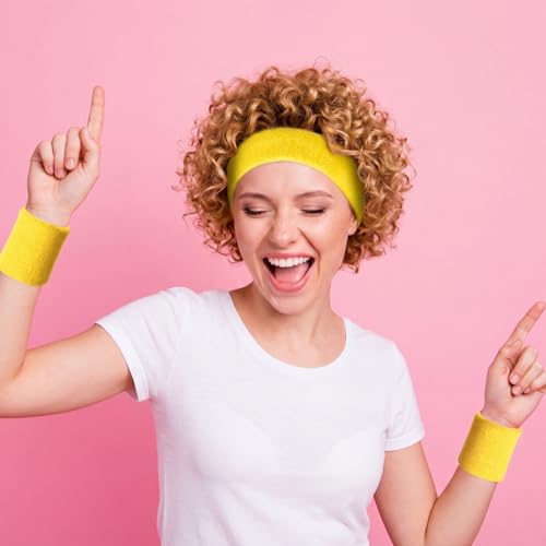 Image of Bememo 6 Pcs Neon Sports Sweatbands Set Sports Competitions Sweatbands 2 Headband 4 Wristbands Breathable Terry Cloth Athletic Bands for Team Soccer Spirit 80s Costumes Cosplay