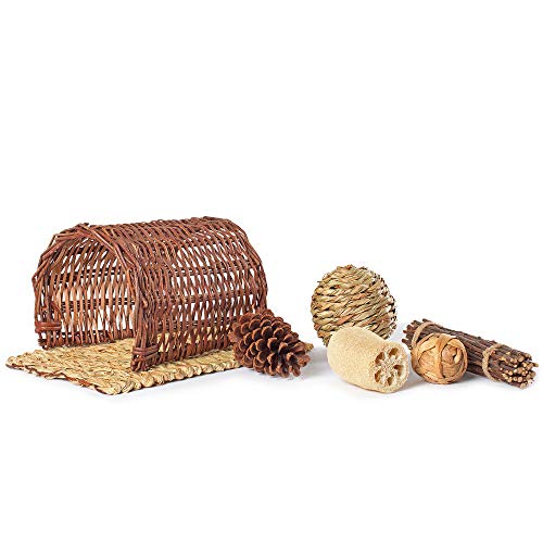 Niteangel Twig Tunnel Small Animal Hideout with Timothy Club Mat, Natural Grass Balls and Chew Toys Kits