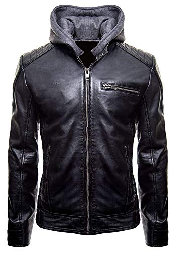 New Batman Logo Motorcycle Brando Biker Real Leather Hoodie Jacket - Detach Hood (M-44), Black2