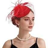 Fascinator Hat Veil Feather Fascinator Tea Party Bridal Wedding Veil Retro Hat Pillbox Derby Hats for Women Red
