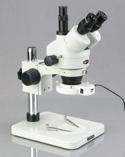 Image of AmScope SM-1TS-144S Professional Trinocular Stereo Zoom Microscope, WH10x Eyepieces, 7X-45X Magnification, 0.7X-4.5X Zoom Objective, 144-Bulb LED Ring Light, Pillar Stand, 110V-240V
