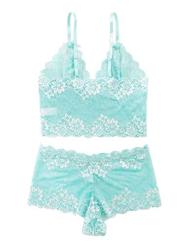 Image of Lilosy Sexy Lingerie for Women Lace Pajamas Set Cami Bra and Panty High Waist Sheer Sleepwear 2 Piece 2XS-6XL
