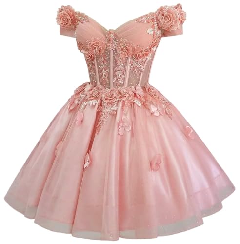 3D Flowers Homecoming Dresses Sparkly Tulle V-Neck Off Shoulder Ball Gown DAMA Short Prom Dress for Quinceanera