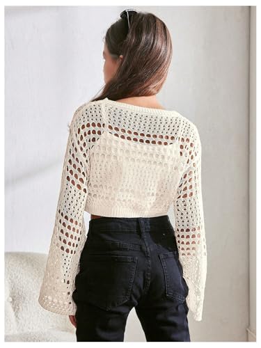 Image of RoseSeek Girl's Hollow Out Knitted Crop Sweater Long Sleeve Crew Neck Drop Shoulder Sheer Pullovers Knitwear