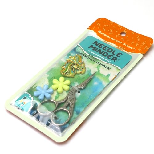 Image of Needle Minder Set - Mandala Dragon Magnetic Needle Minder + 2 Needle Threaders + Crane Scissors. Enamel Pin for Cross Stitch, Embroidery and Craft
