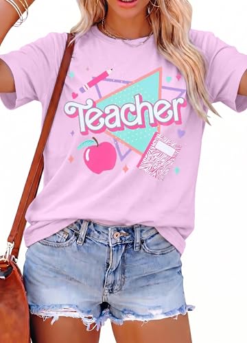 ALLTB 80s 90s Teacher Shirts for Women Teacher Life Shirt Elementary Teach Love Inspire Tee Retro Casual Short Sleeve Tops Pink