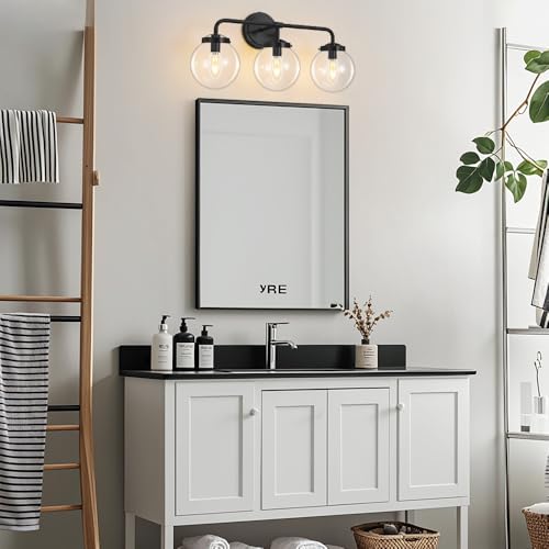 Image of Bathroom Vanity Light Fixtures Over Mirror, 22.4'' Modern Matte 3 Lights Wall Sconce Lighting with Transparent Glass Ball Shade, Mid Century Farmhouse Vanity Lights (Black)