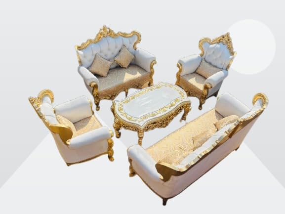 Image of Wooden 7 Seater Sofa Set, Solid Wood Hand-Carved Sofa with Golden Deco Finish, Traditional Design Furniture for Living Room, Home, Office