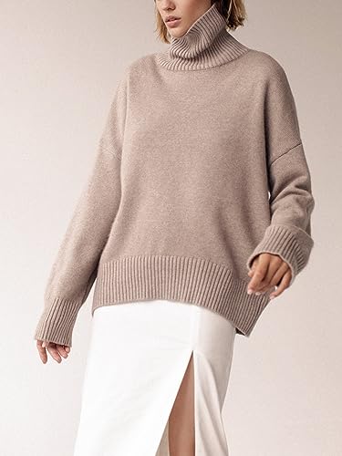 YKR Women's Turtleneck Sweater Chunky Long Sleeve Knitted Pullover High Low Hem Sweater Jumper Top Khaki XS4