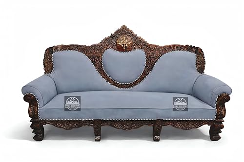 Image of Royal Carved Wooden Sofa Set | 3+1+1 Seater | Antique with Button Tufted Velvet Upholstery | Victorian Style Living Room Furniture Tufted Sofa Set Grey 3-Piece (Design 15)