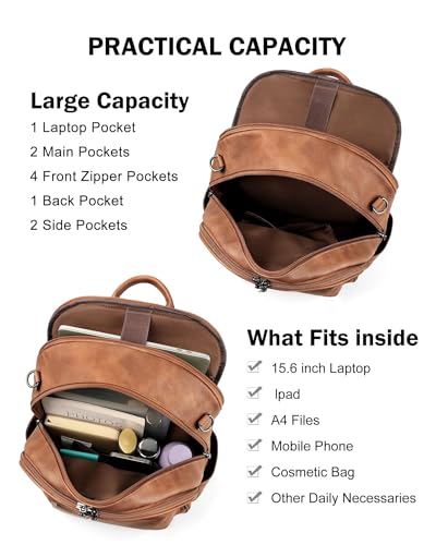 FADEON 15.6 inch Laptop Backpack Purse for Women Designer PU Leather Computer Backpacks Fashion for Work Travel Brown 5