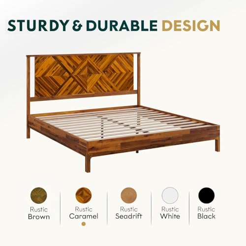 Image of Bme Ethan King Size Bed Frame with Diamond Headboard, Rustic Mid Modern, Solid Acacia Wood, No Box Spring Needed, Slat Support, Rustic Caramel