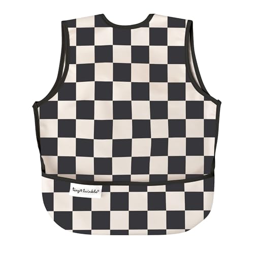 Image of Tiny Twinkle Mess Proof Baby Bib for Boys | Waterproof Toddler Bib for Eating | Baby Apron for Feeding, Machine Washable | Perfect Shower Gift (Black Checkers, 2-4Y)