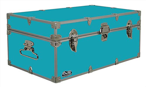 C&N Footlockers Happy Camper Storage Trunk - Summer Camp Chest - Durable with Lid Stay - 32 x 18 x 13.5 Inches (Teal)