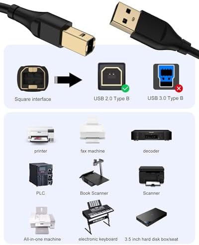HP Printer Cable 20ft Square USB A to USB B Cable for Printer/Scanner Epson - 2