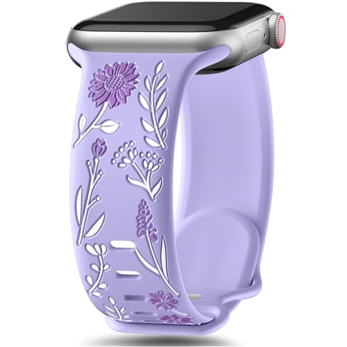 SNBLK Floral Band Compatible with Cute Apple Watch Bands for Women 40mm 41mm 38mm 42mm 44mm 45mm 46mm 49mm, Flower Engraved Silicone Inlay Dressy Strap for iWatch Series 10 9 8 7 6 5 4 3 2 1