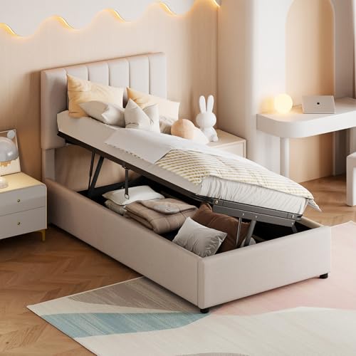 Lit Enfant Rembourré 90x200 cm, Lit Coffre Hydraulique 90x200 avec Tête de Lit Réglable en Hauteur, Lit Fille Capitonnée avec Rangement Coffre et Sommier Lit pour...
