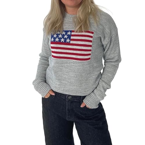 Image of Womens American Flag Sweater Long Sleeve Crew Neck Star Graphic Knit Pullover Tops Casual Loose USA Sweater