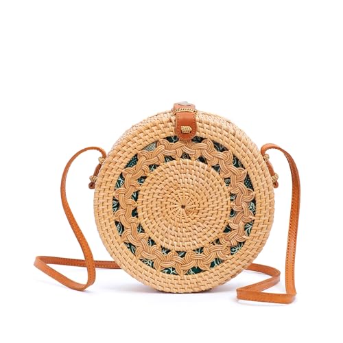 Rattan Bags for Women - Handmade Wicker Woven Purse Handbag Circle Boho Bag Bali (Brown Pattern)
