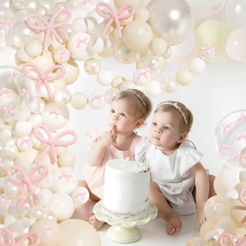 Image of Pearl Balloon Arch Kit, JOGAMS 199Pcs White Bow Balloon Arch Kit with 260 Clear Balloons Pink Ribbon Bow for Coquette Bow Theme Birthday Baby Shower Wedding Bachelorette Bridal Shower Party