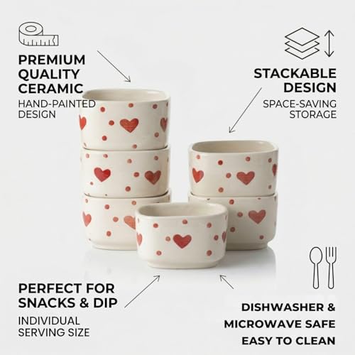 Image of Ceramic Dip Bowls with Heart Shape Design, White and Red, Set of 6, Microwave Safe, 40 ml