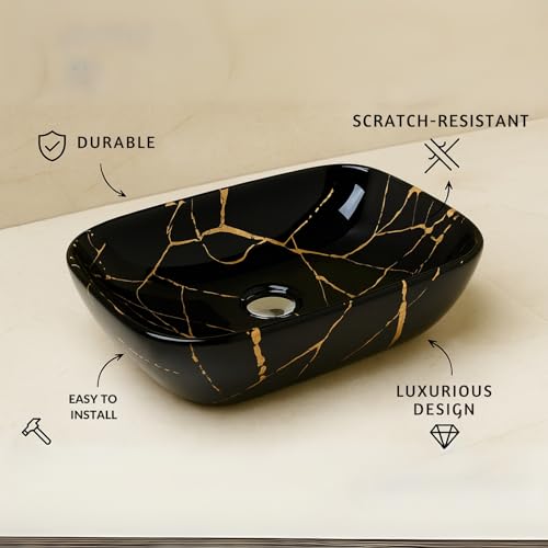 Image of Ceramic Tabletop Wash Basin - Glossy Rectangular Countertop Vessel Sink with Marble Finish for Bathroom & Vanity | Compact 18 x 13 x 5 Inch | Elegant Washbasin