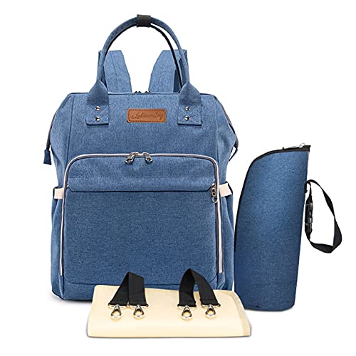 Multifunción pañal bolsa de pañales cambiador de viaje, gran capacidad mochila bolsa reutilizable, ligero elegante Durable Mochila con bolsillo botella aislante para mamá y papá (Lino azul)