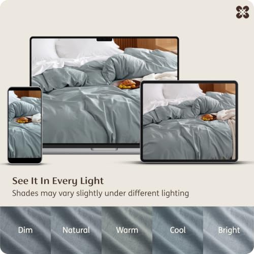 Image of Bedsure PureWoven 100% Washed Cotton Duvet Cover Only, Queen, Dusty Blue | 1 Duvet Cover, No Pillow Shams, Linen Like Textured, Lightweight & Breathable for All Seasons, Zipper Closure, 8 Corner Ties