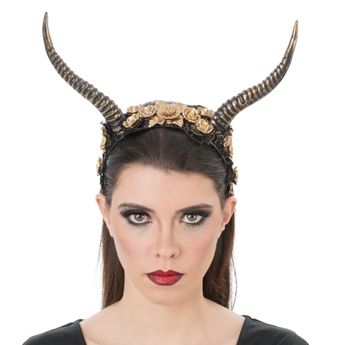 Chaks - Toucado de rainha má para mulher, preto com chifres, rosas e véu, acessório de disfarce para Halloween