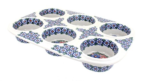 Product Image of the Blue Rose Polish Pottery - Red Garden Butterfly Muffin Pan - 12' x 8' - Ceramic Baking Dish, 6-Cup Muffin & Cupcake Pan