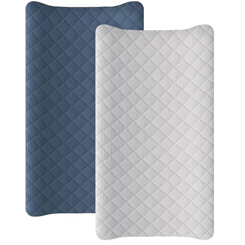 Image of Konssy Waterproof Muslin Changing Pad Cover 2 Pack, Quilted Cotton Fitted Diaper Changing Table Cover, Soft Changing Pad Sheets for Girls Boys (Navy,Cream)