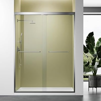 Brushed Nickel 45"-48" W x 72" H Semi-Frameless Glass Shower Door,Bathroom Sliding Door with 1/4'' Clear Tempered Glass,Stainless Steel Hardware Double Handles Bypass Doors