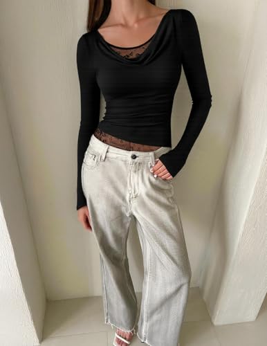 ZESICA Women's Fall Long Sleeve Tops 2025 Casual Cowl Neck Lace Slim Fit Going Out Y2k Knit Shirts Blouses4