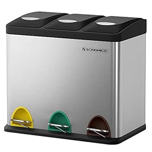 SONGMICS Mülleimer für die Küche, 3 x 8 L, Abfalleimer aus Metall, 3-in-1 Treteimer, Mülltrennung, Mülltrennsystem, einfach zu reinigen, Stahl, silbern LTB24L