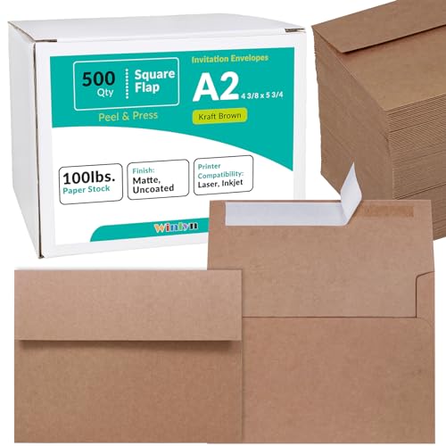 Enveloppes d'invitation A2 kraft marron auto-adhésives pour cartes Winlyn x500