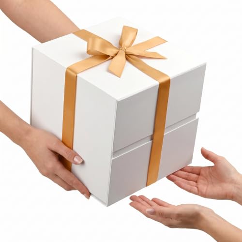 Image of LIFELUM Square Gift Box with Magnetic Lid, Card, Sticker, Ribbon, Shredded Paper Filler for Business, Wedding, Birthdays (White, square - 10.2 inch, 1 count (Pack of 1))