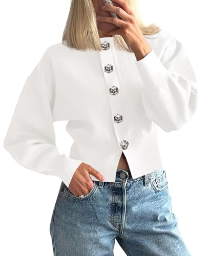 Saodimallsu Womens Button Up Cardigan Sweaters Fall Trendy Long Lantern Sleeve Knit Crew Neck Sweater Jacket