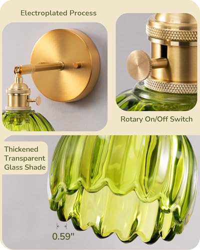 Image of EDISHINE Vintage Brass Wall Sconces with Adjustable Green Tulip Glass Shade | Hardwired, 180 & 270 Adjustable, Rotary Switch, Vintage & Modern, E26, Ideal for Bathroom, Bedroom, Hallway