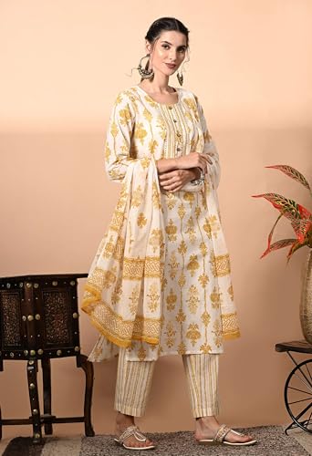 Image of Amazon Brand - Tavasya Women Cotton Anarkali Kurta Pant Dupatta Set | Printed Ethnic Suit Set | Flared Anarkali Kurta with Pant & Dupatta | Festive & Casual Wear