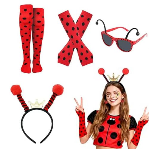 Ayucanpeng 4 piezas de disfraz de mariquita para mujer, Mariquita Disfraz Accesorios, Diadema de Mariquita, Gafas Ladybug,Guantes y calcetines,para Halloween, Carnaval, Cosplay