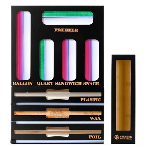 Calmbee 9 in 1 Bamboo Storage Bag Organizer for Kitchen Drawer – Plastic Wrap Dispenser with Cutter & Foil Organizer, Wooden Baggie Organizer for Sandwich, Snack, Gallon, Quart Sizes, Black