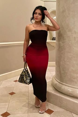 ABMOIU Women's Summer Strapless Maxi Dress Sexy Printed Tube Top Ruched Bodycon Long Party Club Dresses3