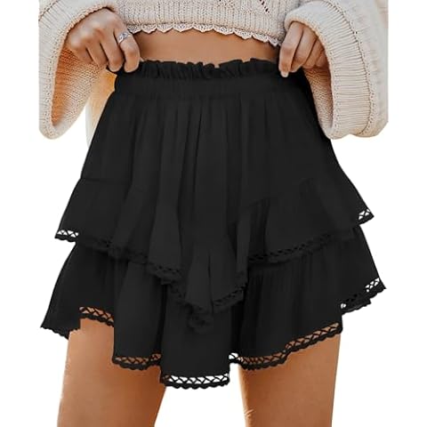 TARSE Womens Flowy Shorts High Waist Pleated Mini Skirts Casual Boho Ruffle Tiered Skorts Cute Versatile Fashion Shorts Black, M Cover