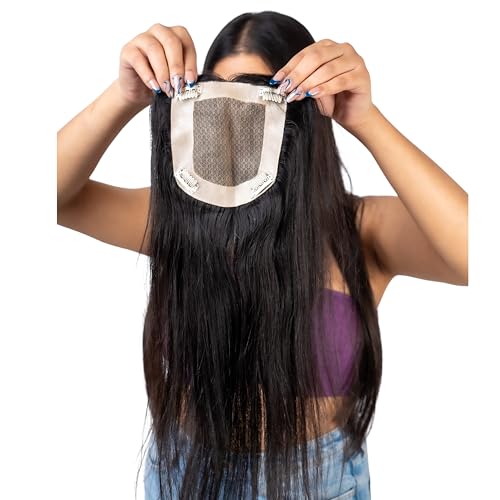 Image of Capilus 100% Human Hair Extensions for Women, Clip in Scalp Topper /Hair Topper, Silk Based- (4X5 inch, 18 Inches, Natural Black)