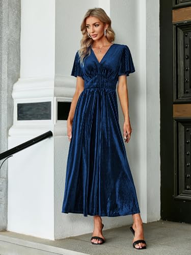 Image of Simplee Women's V Neck Velvet Maxi Dress Short Sleeve Empire Waist Long Formal Dress for Wedding Guest