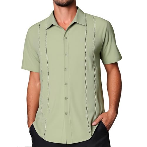 Guayabera Camisa hawaiana para hombre con botones de gran tamaño, camisa funcional de manga corta, camisa guayabera bordada, camisa cubana, camisa de pescador, camisa deportiva transpirable, verde