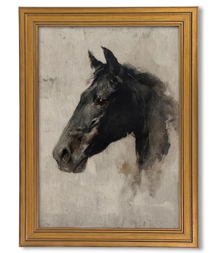 Image of NALEPS Vintage Gold Framed Black Horse Wall Art, Moody Animal Portrait Canvas Painting Picture, Antique Equestrian Decor for Office, Living Room, Bedroom, Damage-Free Ready to Hang, 12x16 in