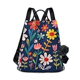 Lindas flores coloridas azul marino mochila de viaje ligera para mujer para compras diarias universitarias con llavero de pompón