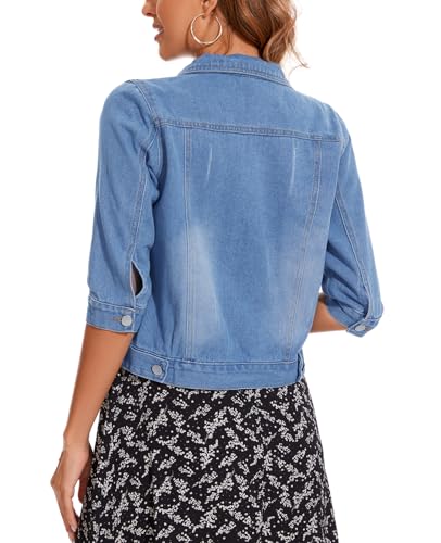 Women's Cropped Denim Jacket Lapel Stretch Jean Coat Button 2025 Trendy 3/4 Sleeve Short Denim Jackets3